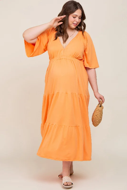 ladies-maxi-dress-asymmetric-awe-Orange Deep V-Neck Tiered Maternity Plus Maxi Dress