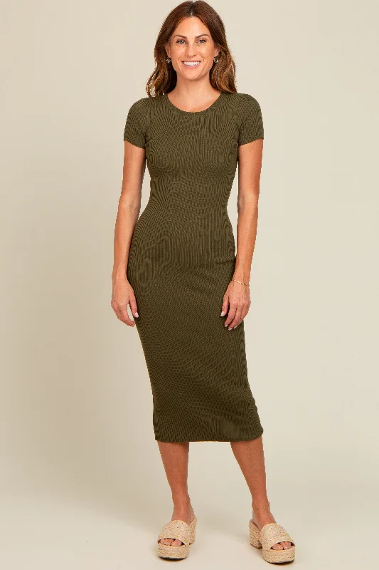 Women's midi dress zest chic -Olive Short Sleeve Rib Knit Midi Dress