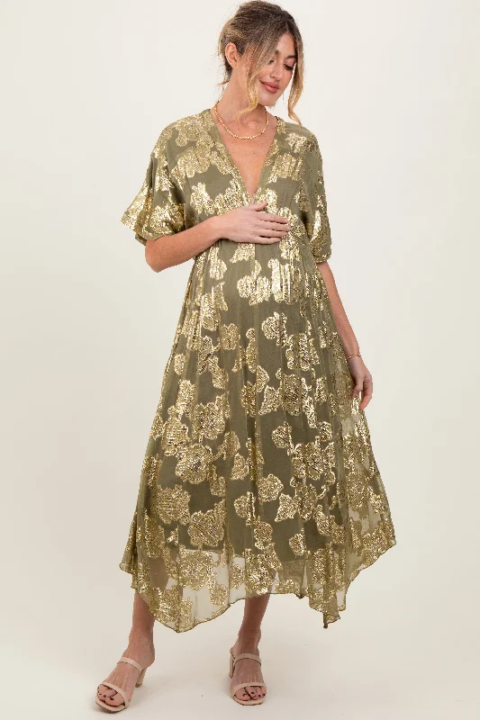 ladies-maxi-dress-retro-radiance-Olive Metallic Floral Jacquard Overlay Maternity Maxi Dress