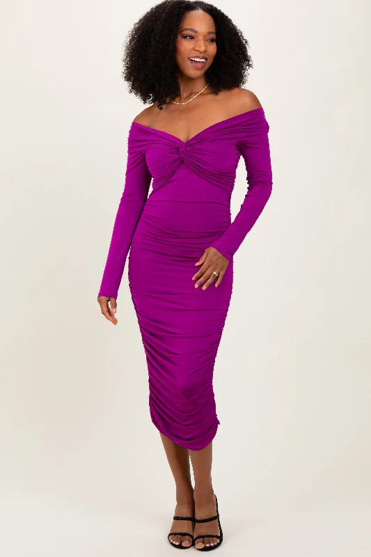 Women's midi dress plush glow -Purple Off Shoulder Ruched Long Sleeve Midi Dress