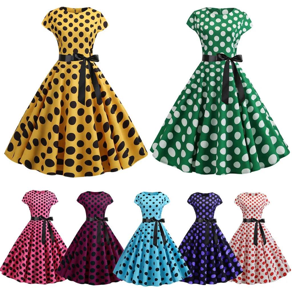 Women's party dress buzz pop -Women Vintage 1950s 60s Polka Dot Print High Waist A-line Swing Party Dress Retro Short Sleeve With Belt Evening Prom Dress