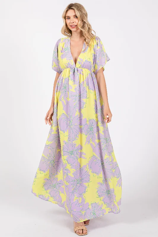 ladies-maxi-dress-cerulean-cool-Lavender Floral Back Cutout Maxi Dress