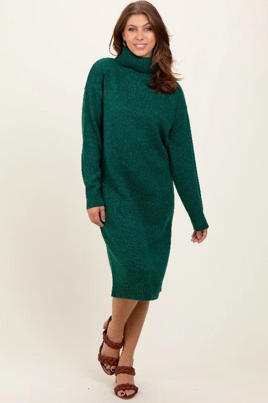 Women's midi dress past pop -Forest Green Turtleneck Side Slit Midi Sweater Dress