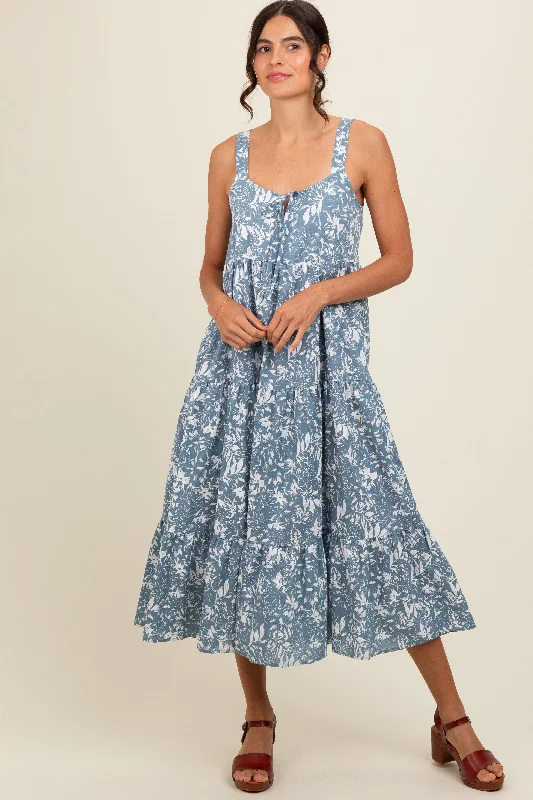 Women's midi dress clean flair -Blue Floral Tiered Midi Dress