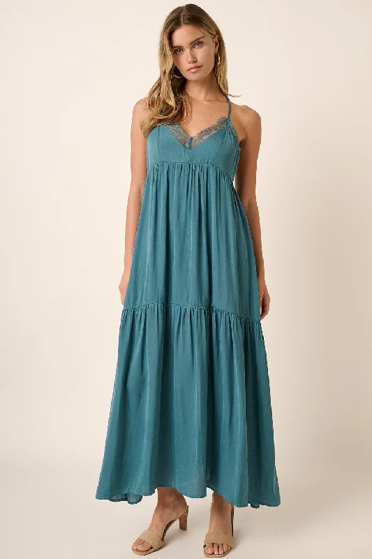 ladies-maxi-dress-beige-bliss-Teal Sleeveless Lace Tiered Maxi Dress