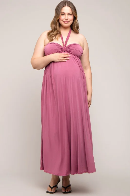 ladies-maxi-dress-weekend-wisp-Mauve Front Knot Halter Maternity Plus Maxi Dress