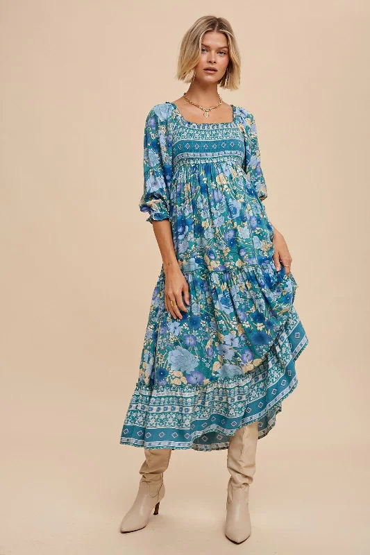 Women's midi dress pro glow -Teal Floral Smocked Half-Length Sleeves Midi Dress