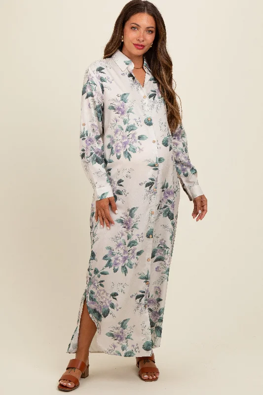 ladies-maxi-dress-matte-mirth-Lavender Floral Button Down Maternity Maxi Dress