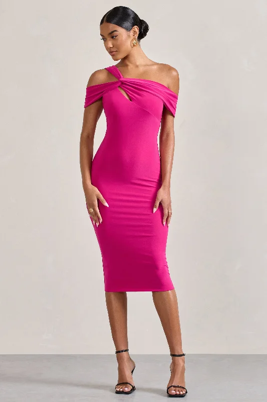 ladies-bodycon-dress-long-sleeve-lush-Chain Reaction | Fuchsia Pink Strappy Asymmetric Bodycon Midi Dress