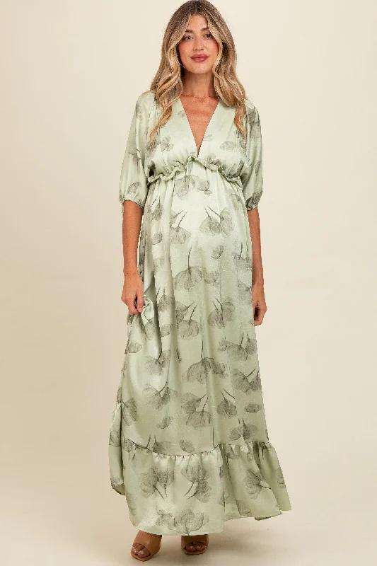 ladies-maxi-dress-sophisticated-sweep-Light Olive Floral Chiffon Ruffle Accent Maternity Maxi Dress