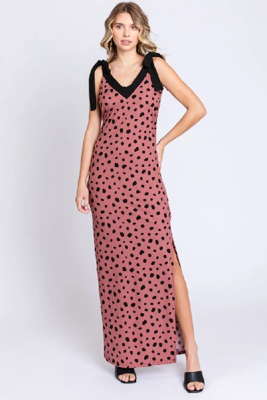 ladies-maxi-dress-seasonal-silk-Mauve Ribbed Polka Dot Shoulder Tie Maxi Dress