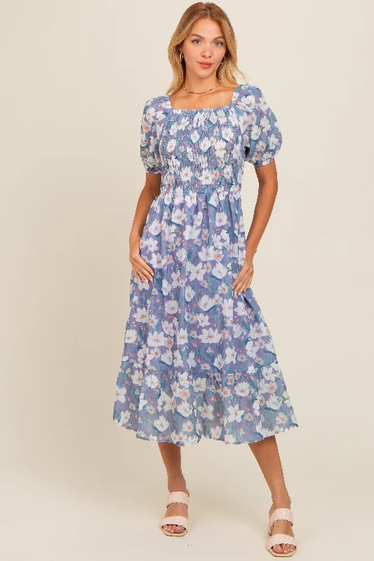 Women's midi dress weave pop -Periwinkle Floral Smocked Midi Dress