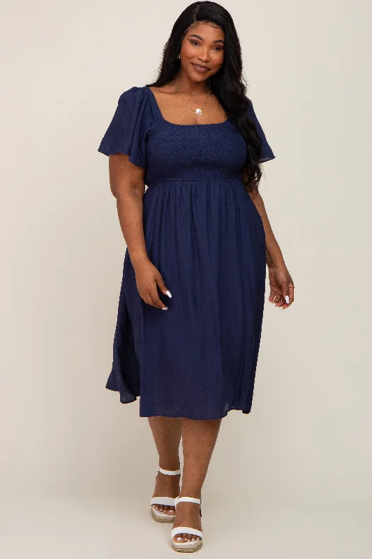 Women's midi dress wild chic -Navy Blue Smocked Square Neck Flutter Short Sleeve Plus Midi Dress