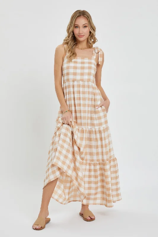 ladies-maxi-dress-indigo-illume-Taupe Gingham Maxi Dress