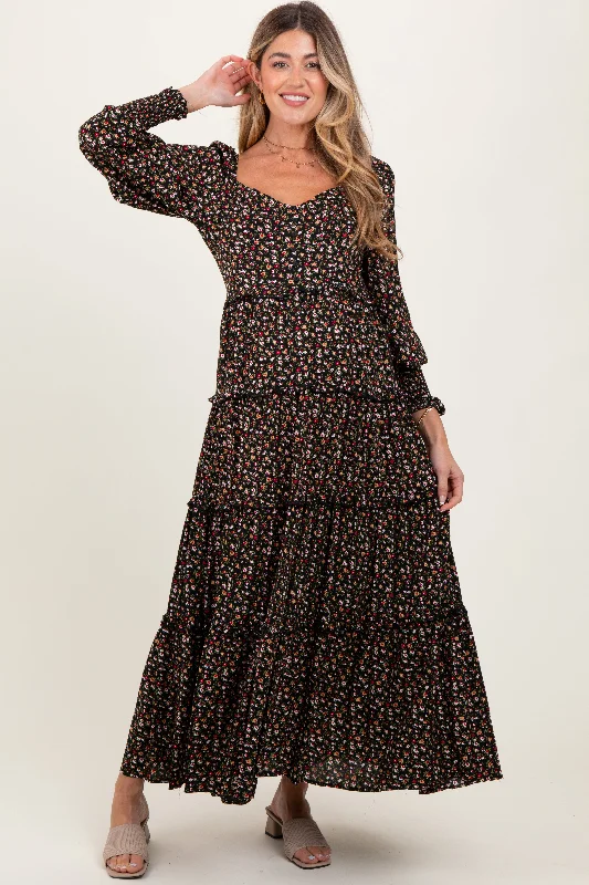 ladies-maxi-dress-playful-petal-Black Floral Button Accent Bodice Tiered Maternity Maxi Dress