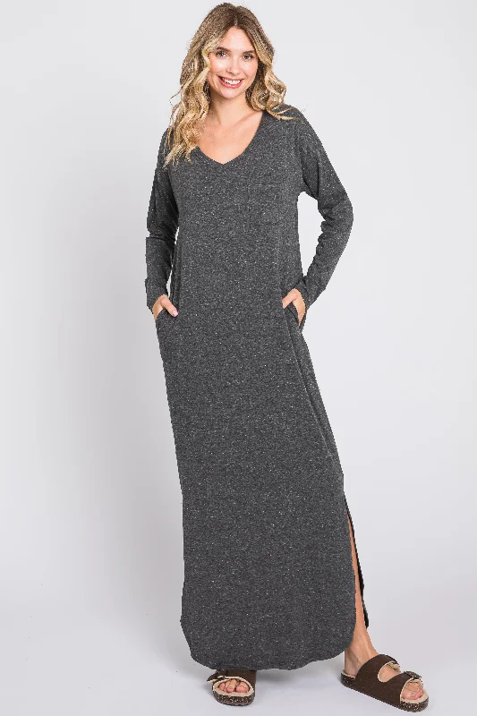 ladies-maxi-dress-chartreuse-chic-Charcoal Heathered Pocketed Long Sleeve Maxi Dress