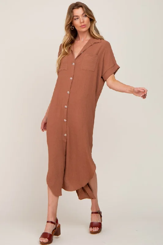 ladies-maxi-dress-seafoam-serenity-Camel Button Down Hi Low Maxi Dress