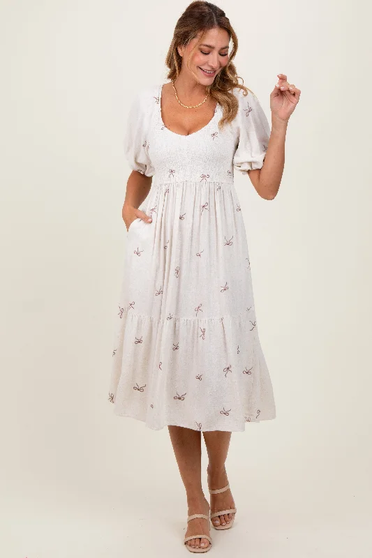 Women's midi dress era chic -Cream Ribbon Print Smocked Midi Dress