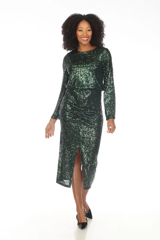 Women's midi dress task chic -Joseph Ribkoff Dark Green Sequined Blouson Gathered Detail Midi Dress 234714