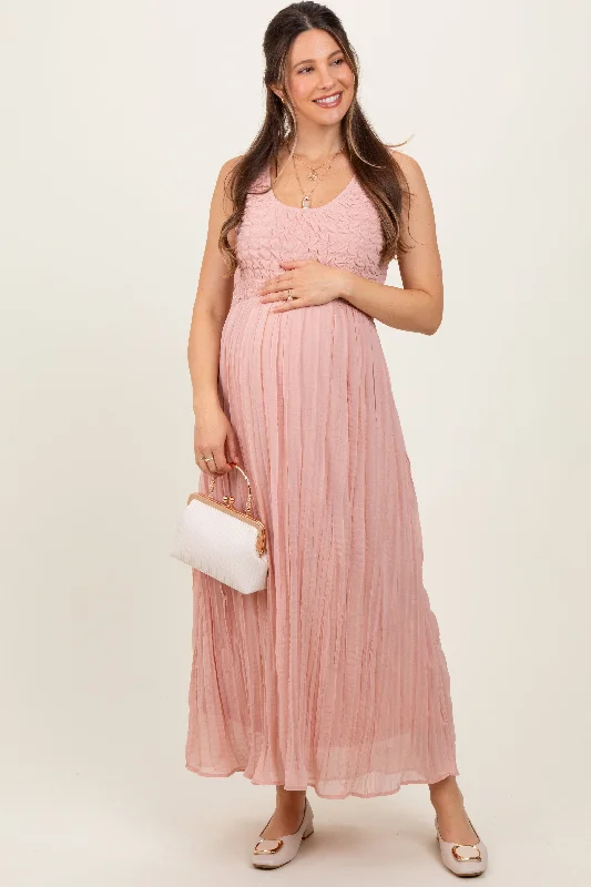 ladies-maxi-dress-salmon-sweep-Light Pink Textured Smocked Bodice Sleeveless Maternity Maxi Dress