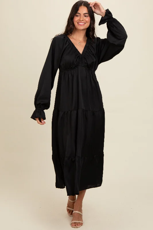 ladies-maxi-dress-knit-kiss-Black Satin V-Neck Tiered Maxi Dress