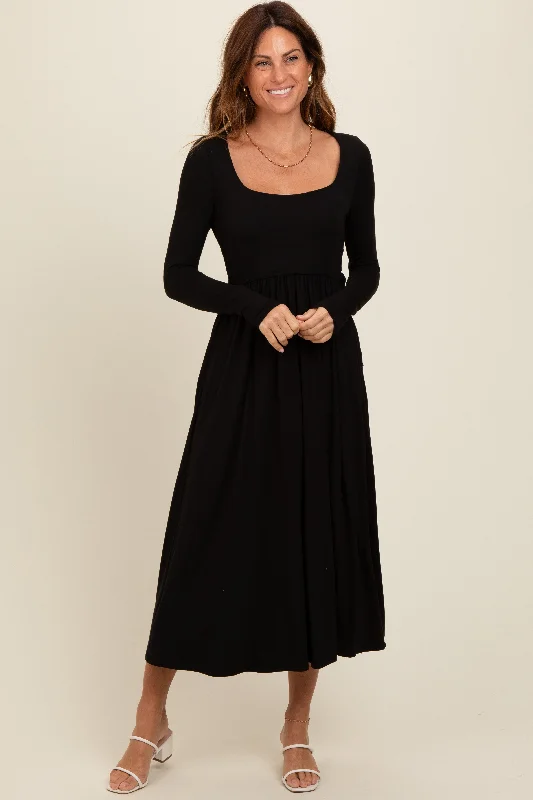 Women's midi dress vine flair -Black Square Neck Long Sleeve Midi Dress