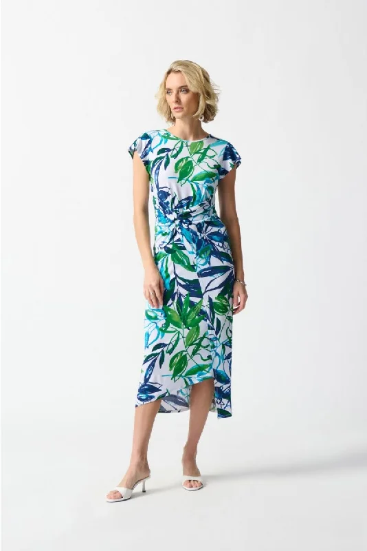 Women's midi dress neat pop -Joseph Ribkoff Vanilla/Multi Tropical Print Faux Wrap Midi Sheath Dress 242159