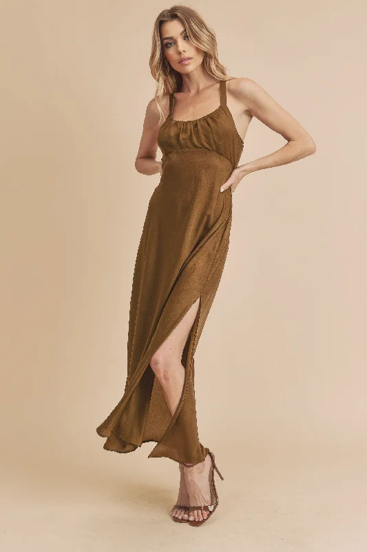 ladies-maxi-dress-low-cut-luster-Bronze Maxi Dress