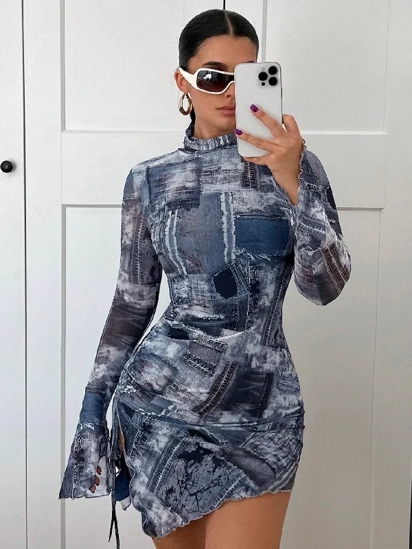 ladies-bodycon-dress-tassel-tango-ICON Denim-Effect Print Mock Neck Drawstring Side Flounce Sleeve Mesh Bodycon Mini Dress