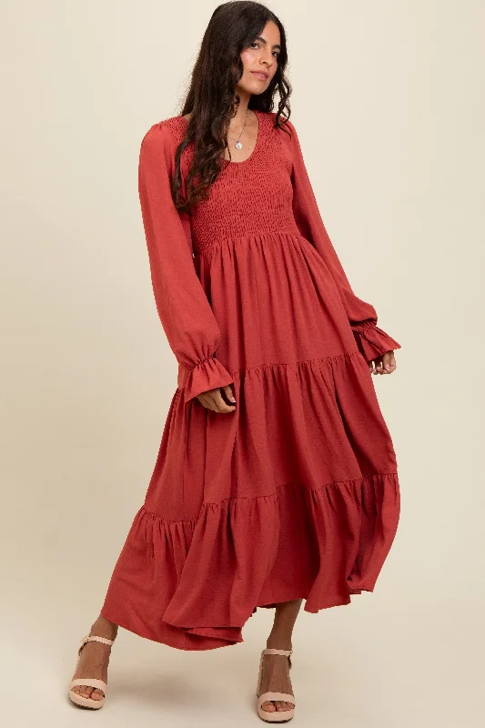 ladies-maxi-dress-formal-flair-Rust Smocked Tiered Long Sleeve Maxi Dress