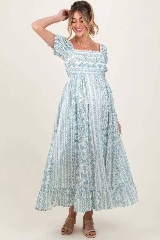 ladies-maxi-dress-denim-dusk-Light Blue Floral Puff Sleeve Lace Trim Maternity Maxi Dress