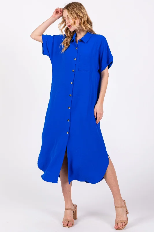 Women's midi dress joy glow -Royal Blue Button Down Front Pocket Midi Dress