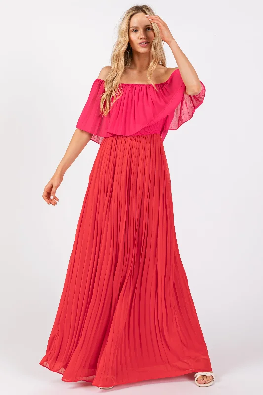 ladies-maxi-dress-periwinkle-petal-Red Pleated Off Shoulder Colorblock Maxi Dress