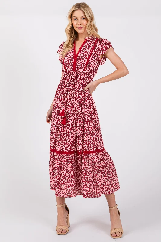 Women's midi dress morn glow -Red Floral Lace Trim Midi Dress