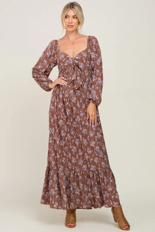 ladies-maxi-dress-ochre-opulence-Mocha Floral Tie Front Maxi Dress