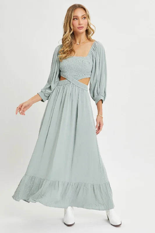 ladies-maxi-dress-belted-bloom-Light Olive Cutout Maxi Dress