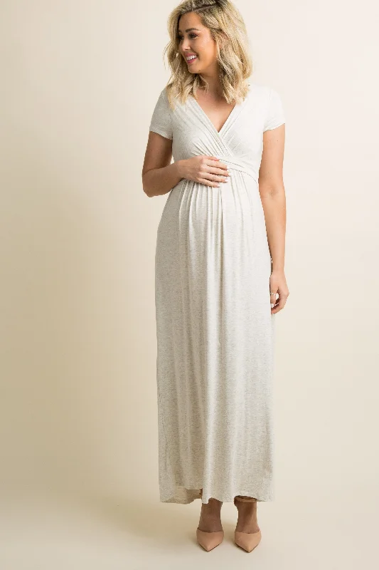 ladies-maxi-dress-embroidered-essence-PinkBlush Beige Draped Maternity/Nursing Maxi Dress