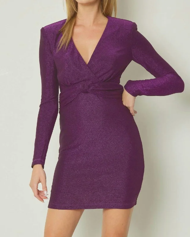 ladies-mini-dress-one-shoulder-snap-Glittery V-Neck Long Sleeve Mini Dress in Purple | Purple