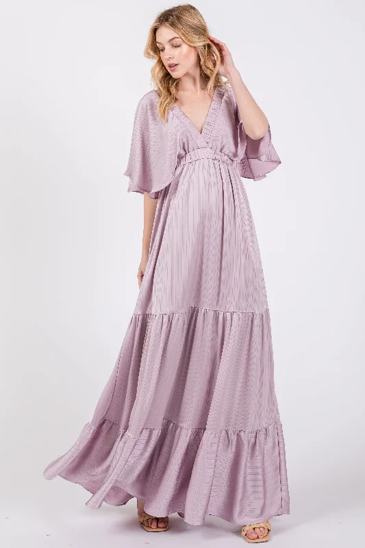 ladies-maxi-dress-dark-dusk-Lavender V-Neck Flutter Sleeve Tiered Maxi Dress