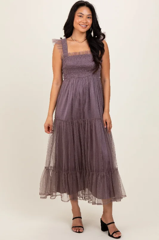 Women's midi dress ride glow -Mauve  Mesh Overlay Smocked Midi Dress