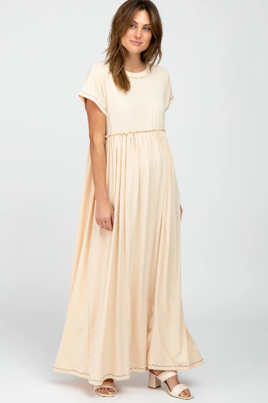 ladies-maxi-dress-holiday-hush-Beige Short Sleeve Babydoll Maxi Dress