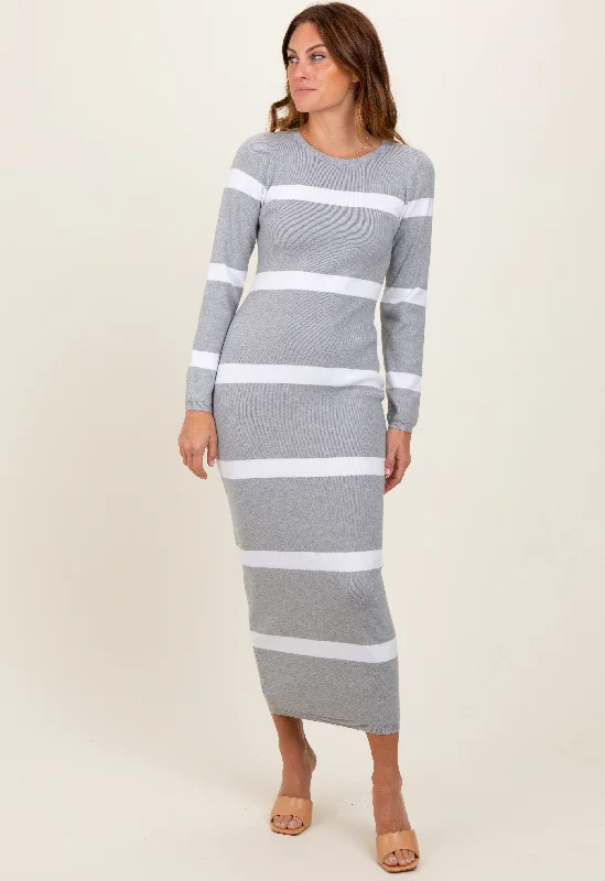 Women's midi dress sheen chic -Heather Grey Striped Knit Long Sleeve Midi Sweater Dress