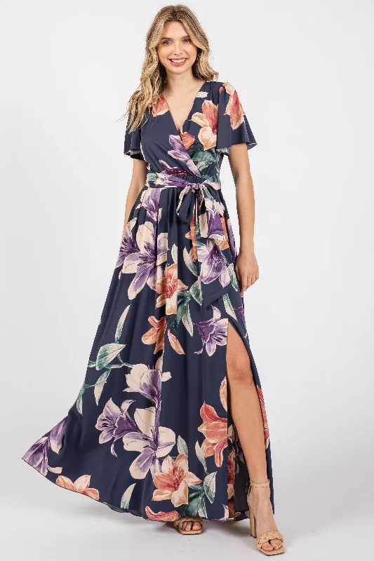 ladies-maxi-dress-claret-charm-Navy Floral Wrap V-Neck Maxi Dress