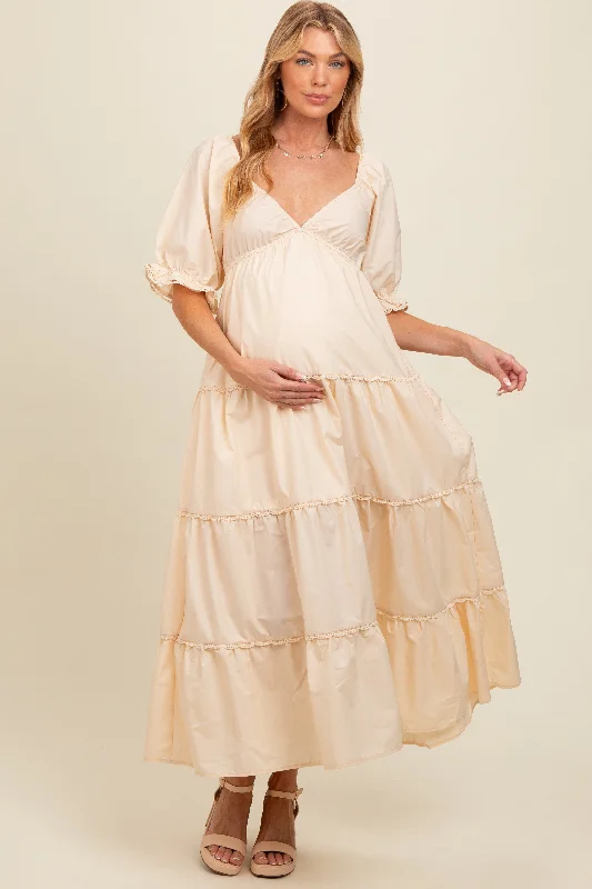 ladies-maxi-dress-cap-sleeve-cool-Cream Deep V-Neck Tiered Maternity Maxi Dress