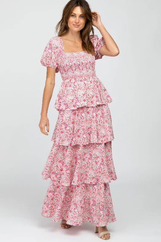 ladies-maxi-dress-wrap-whimsy-Pink Floral Square Neck Ruffle Layered Maxi Dress