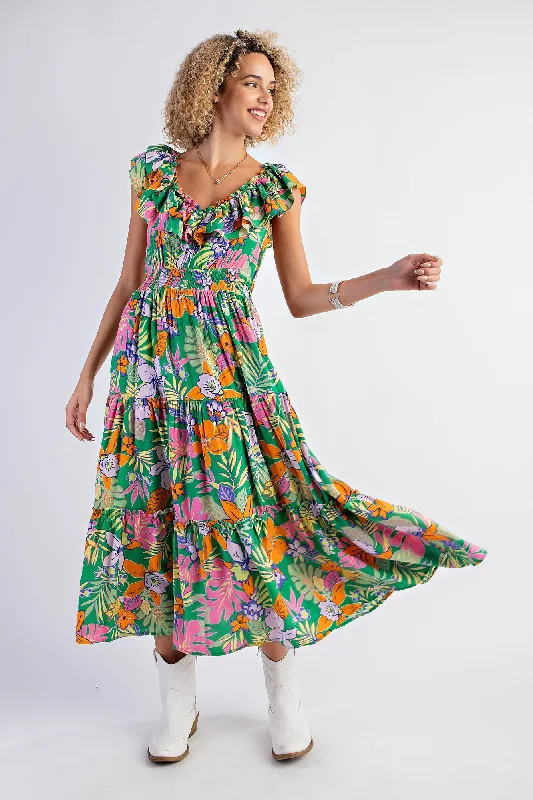 ladies-maxi-dress-travel-tide-Green Ruffle V-Neck Tiered Maxi Dress