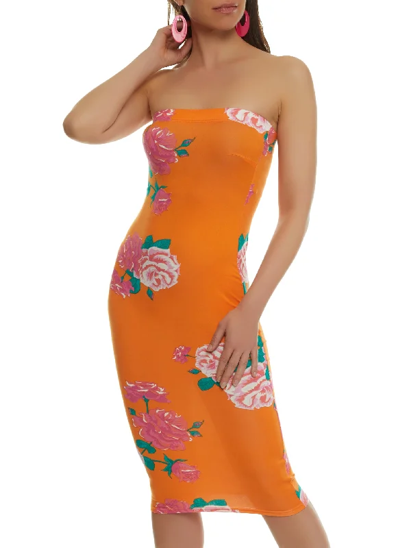 ladies-bodycon-dress-coral-cute-Floral Print Tube Bodycon Dress