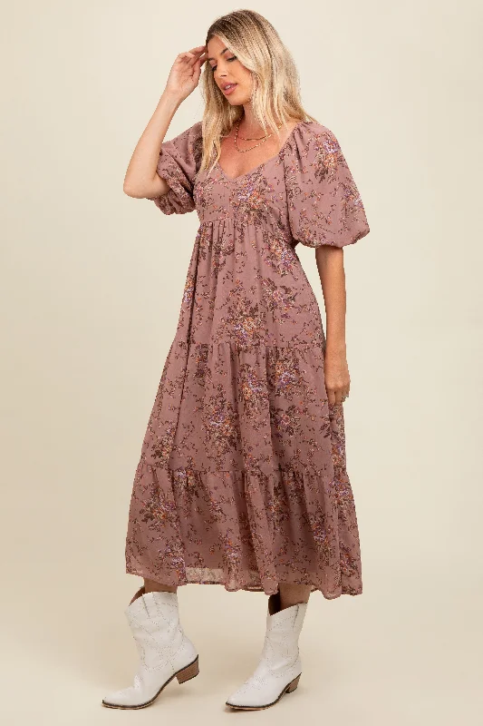 ladies-maxi-dress-yellow-yield-Mauve Floral Tiered Puff Sleeve Maxi Dress