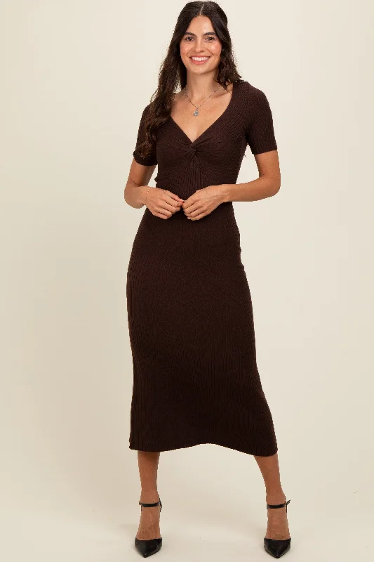 ladies-maxi-dress-daytime-dusk-Brown Knit Twisted V-Neck Maxi Dress