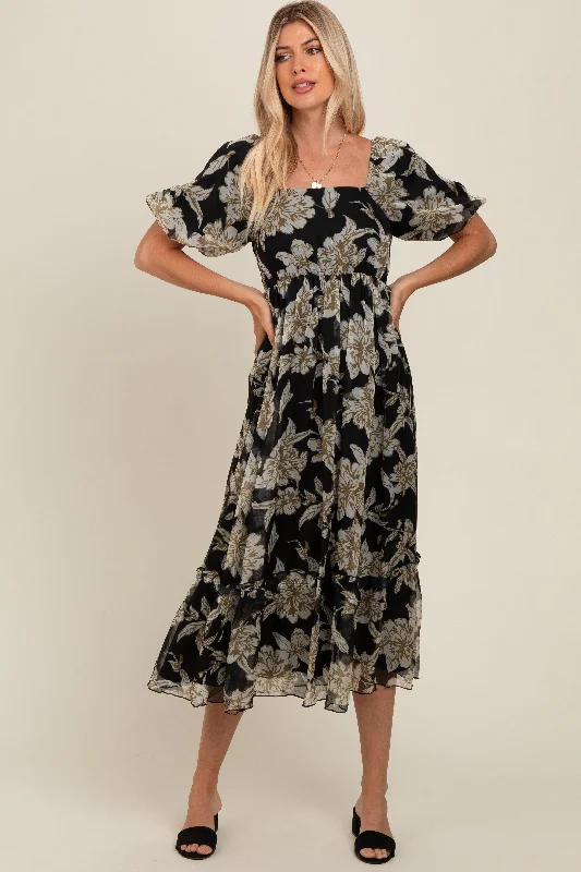 Women's midi dress twist pop -Black Floral Chiffon Ruffle Hem Midi Dress